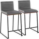 Mason Mara 26" Counter Stool in Black Metal, Walnut Wood & Grey Leatherette (Set of 2)